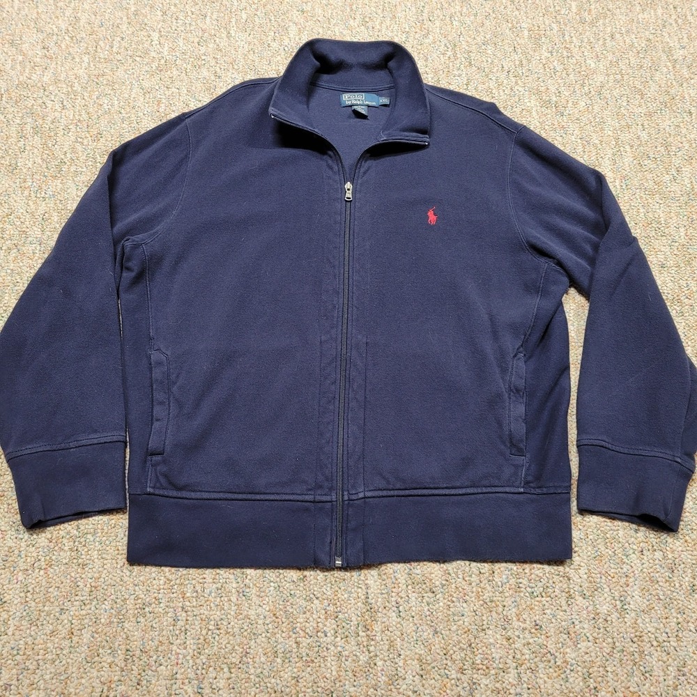 Polo Ralph Lauren Sweater Mens 2XL Blue Full Zip Pockets Heavy Knit Pony Rugby